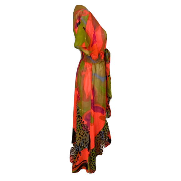 NWT‎ America & Beyond Dress Womens S Green Pink V-Neck Tie Smocked Waist A-Line - Picture 4 of 12